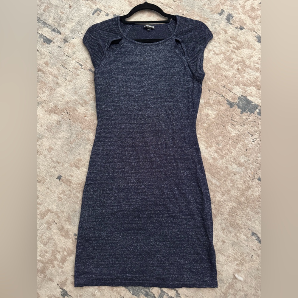 Express Metallic Navy Blue Pull on Midi Dress With Front Cut Out Size Medium